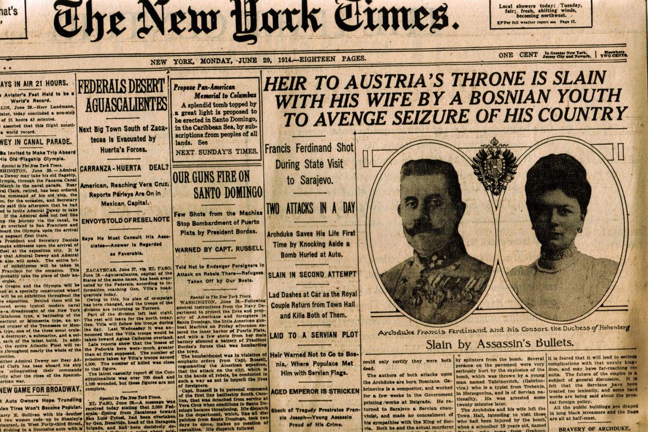 The New York Times, 29. lipnja 1914., glavna je vijest sarajevski atentat